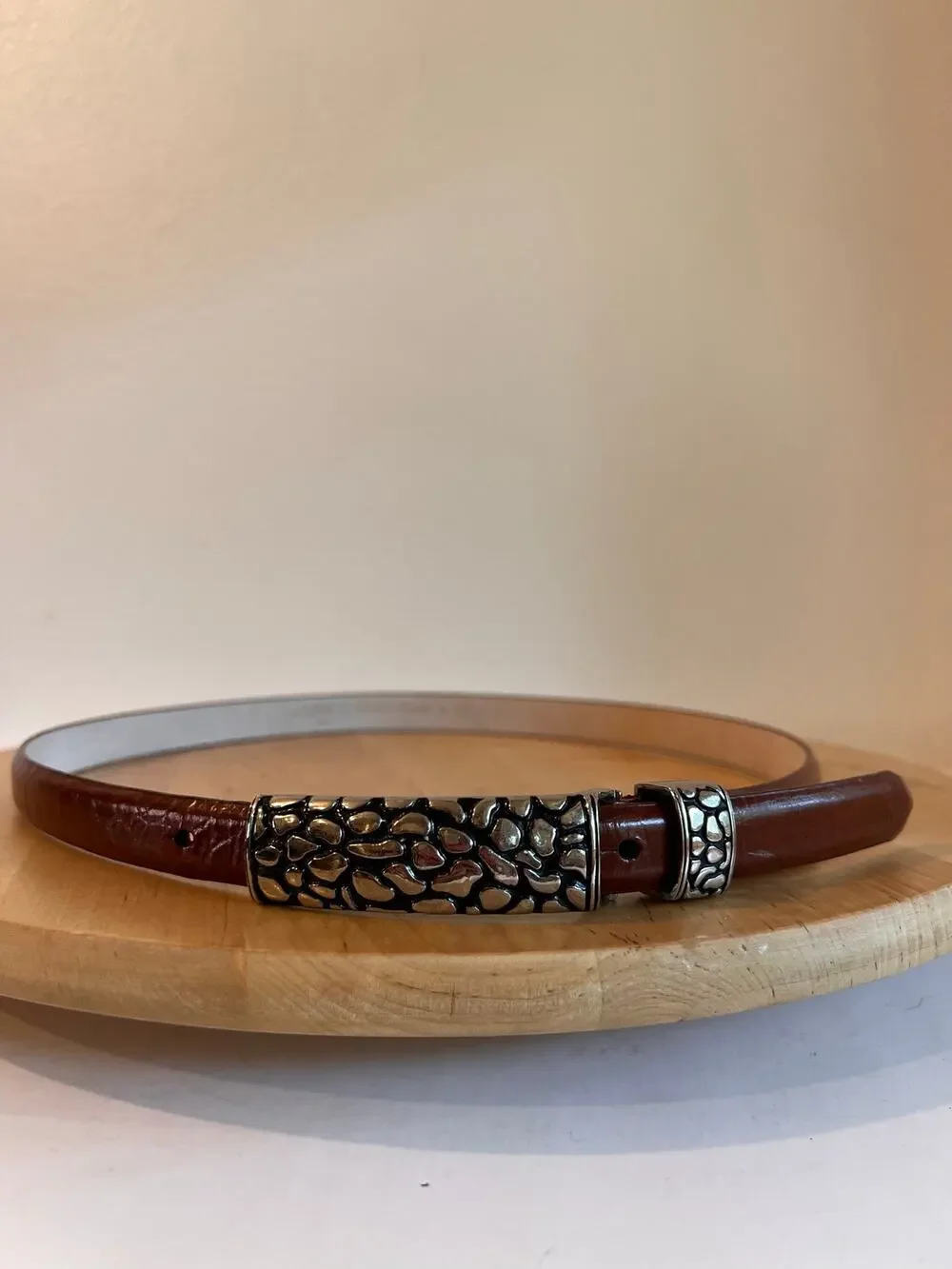 Vintage Lady Cativa Tan Genuine Leather Chunky Silver Buckle Belt Size Medium